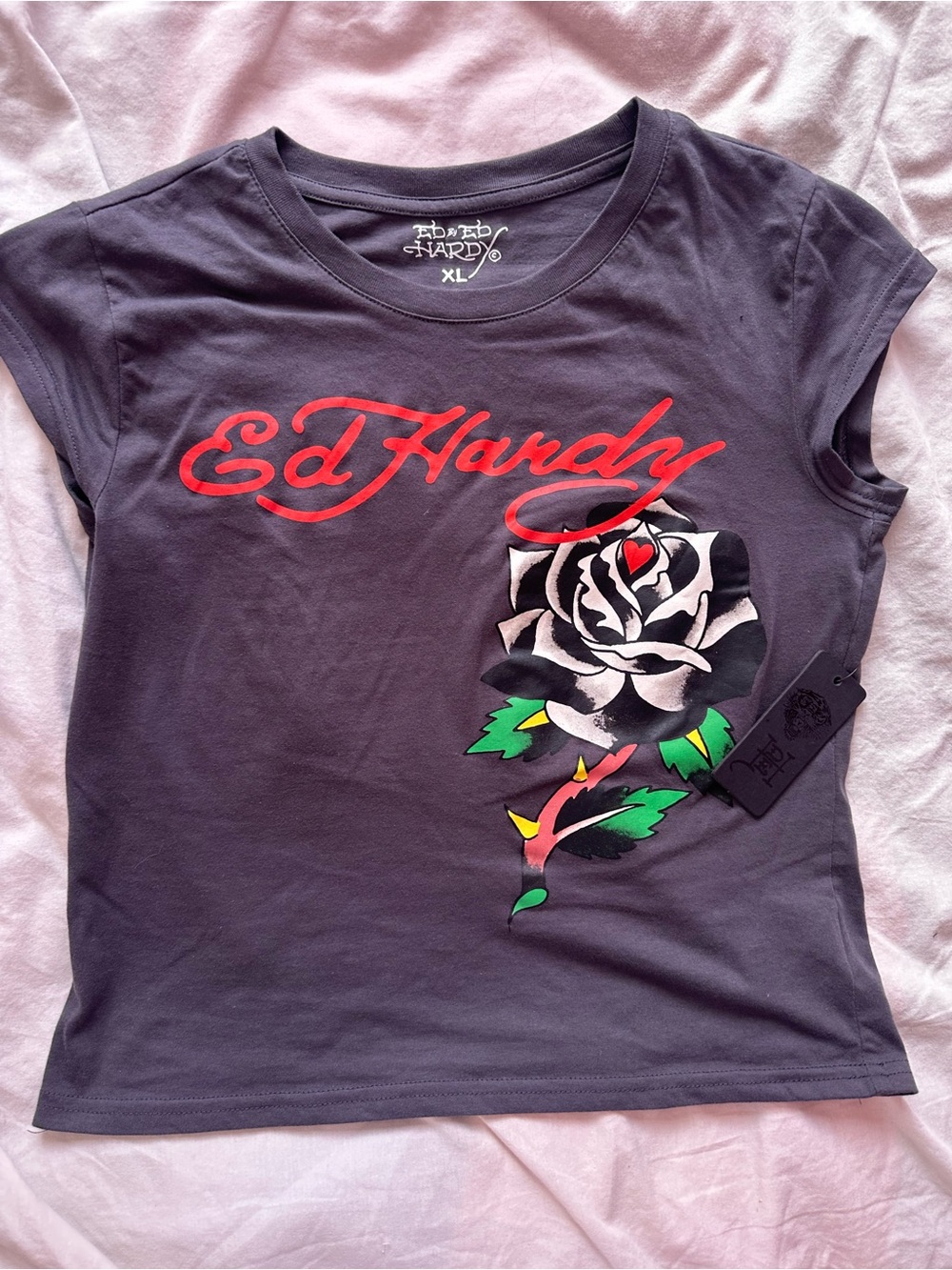 Ed Hardy Y2K Tattoo Graphic Baby Tee Rose Logo Black T Shirt XL